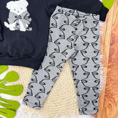  Conj. Casaco de Moletom Cachorrinho com Laço e Calça Legging - Preto